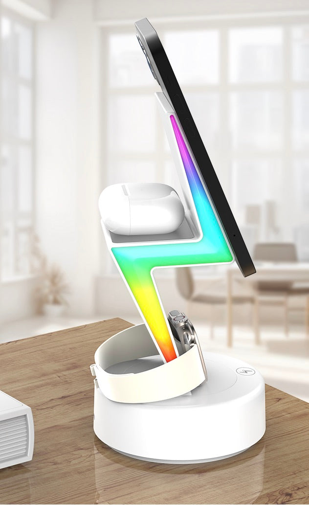 3-in-1 Apple MagSafe Fast Wireless Charging Dock Station with Colourful Lights (Lightning Bolt)