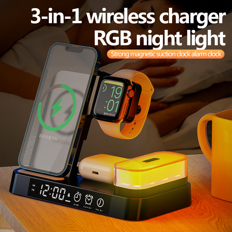 4-in-1 30W Apple Foldable Wireless Charging Alarm Clock Station with Portable LED Lights (A37)