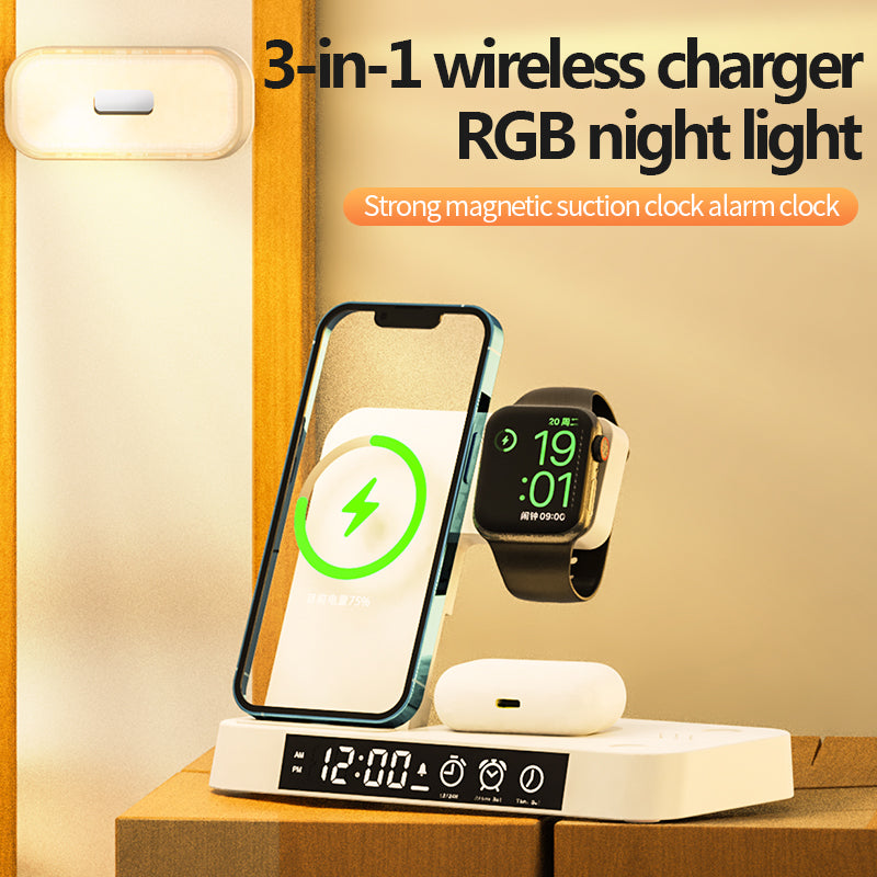 4-in-1 30W Apple Foldable Wireless Charging Alarm Clock Station with Portable LED Lights (A37)
