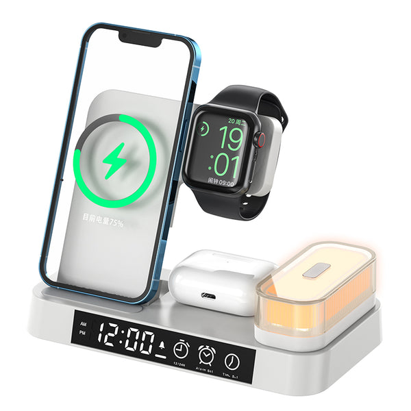 4-in-1 30W Foldable Wireless Charging Alarm Clock Station for Apple + Portable LED Lights (A37)