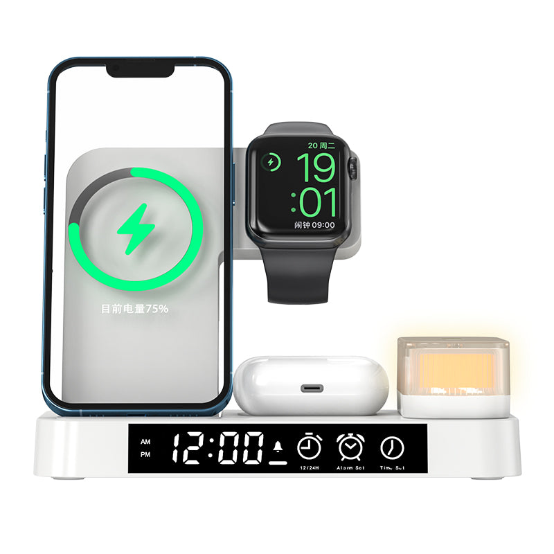 4-in-1 30W Apple Foldable Wireless Charging Alarm Clock Station with Portable LED Lights (A37)